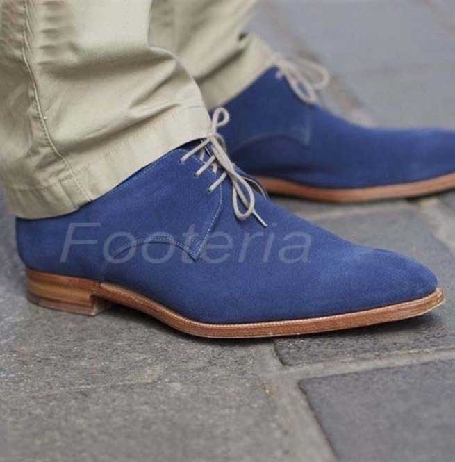 Handmade Men Blue Suede Shoes, Lace Up Shoes For Men